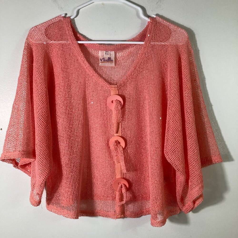 Womens Noelle‎ Mesh Sequin Retro BohoTop Cover Short Sleeve Cropped Peach OS